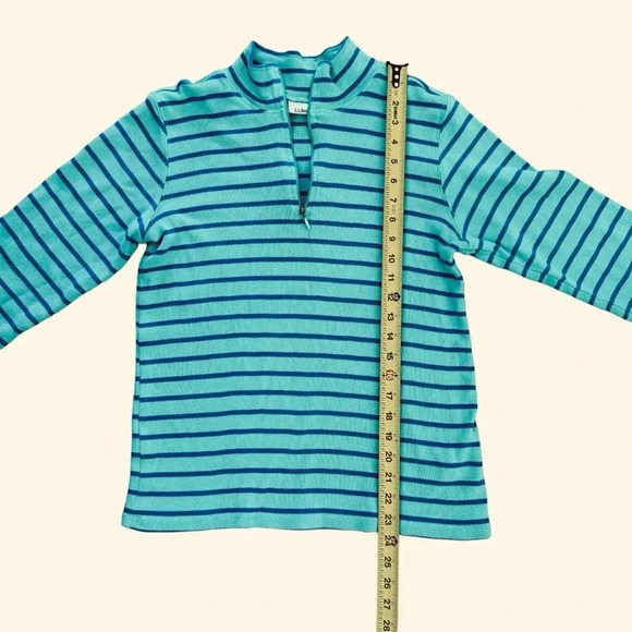 L.L. Bean Green Striped Top Tee Pullover 1/4 zip Mock Long Sleeve Cotton M - Picture 3 of 9